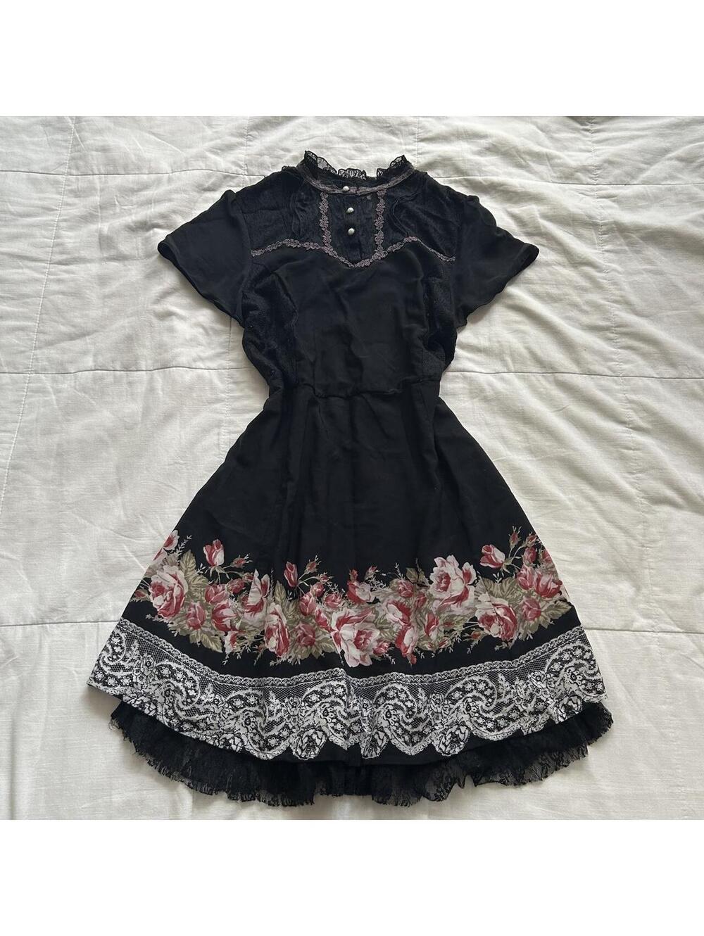 Axes Femme Black Rose Floral Lace Midi Dress Pearl Buttons Medium Japan